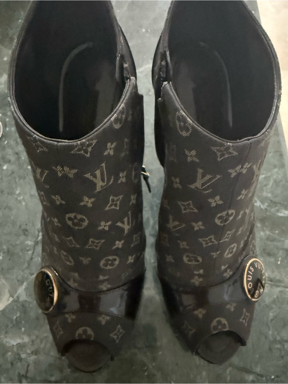 Louis Vuitton Black Monogram Peep-Toe Ankle Booties